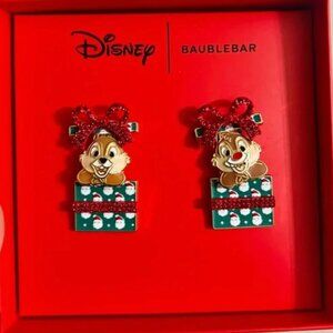 Disney BaubleBar Chip 'n" Dale Dangle Drop Christmas Earrings Red Bow Gift Box